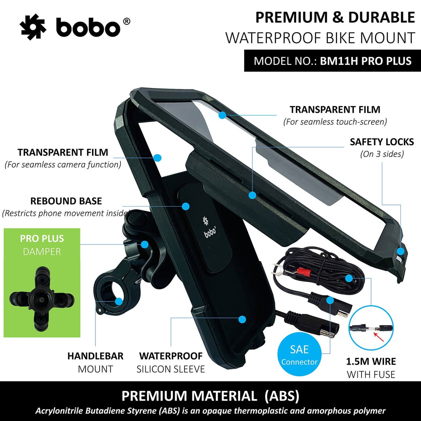BOBO BM11H PRO PLUS Fully Waterproof Bike Phone Holder with PRO PLUS Vibration Damper (with Fast 15W Wireless Charger USB-C Input/Output Port) Motorcycle Mobile Mount-BB-BM-011-122001