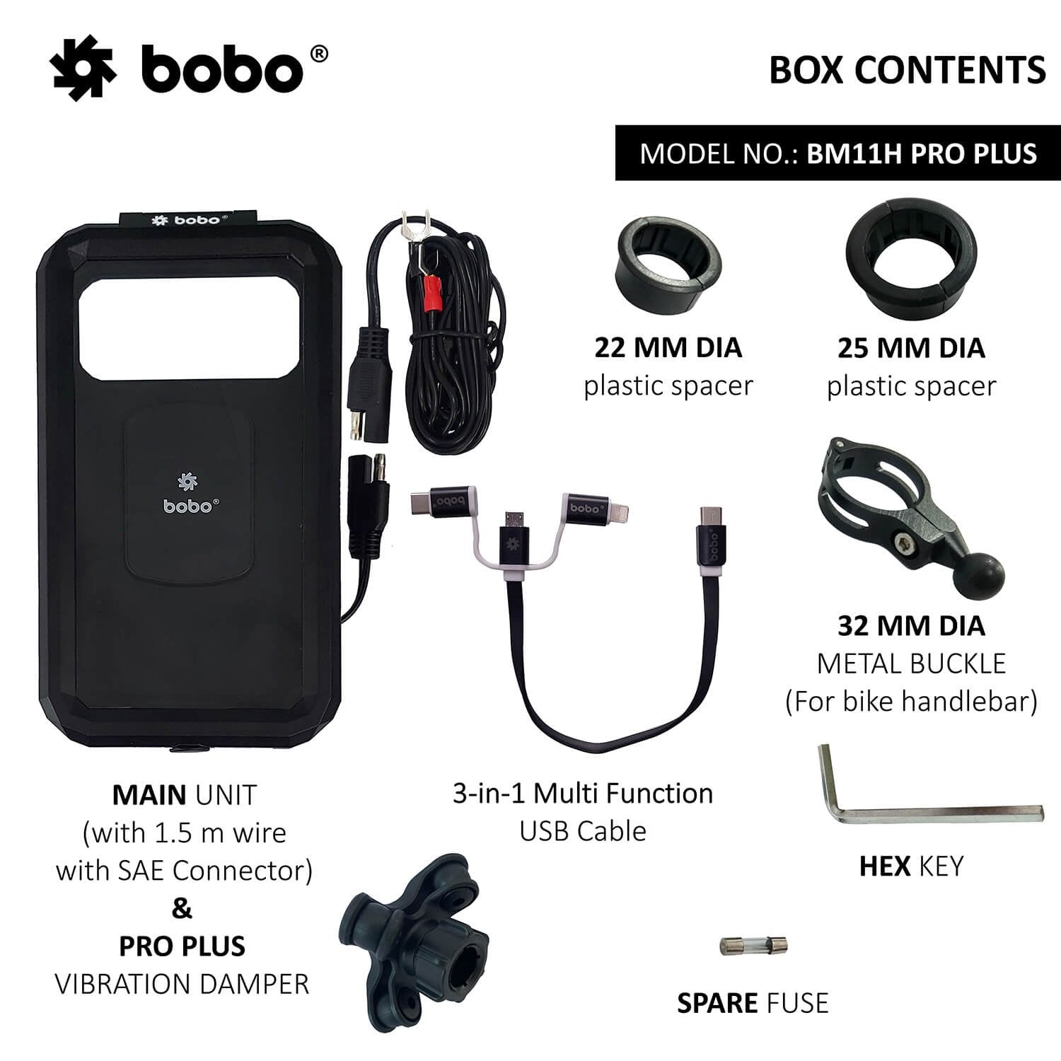 BOBO BM11H PRO PLUS Fully Waterproof Bike Phone Holder with PRO PLUS Vibration Damper (with Fast 15W Wireless Charger USB-C InputOutput Port) Motorcycle Mobile Mount-BB-BM-011-122001