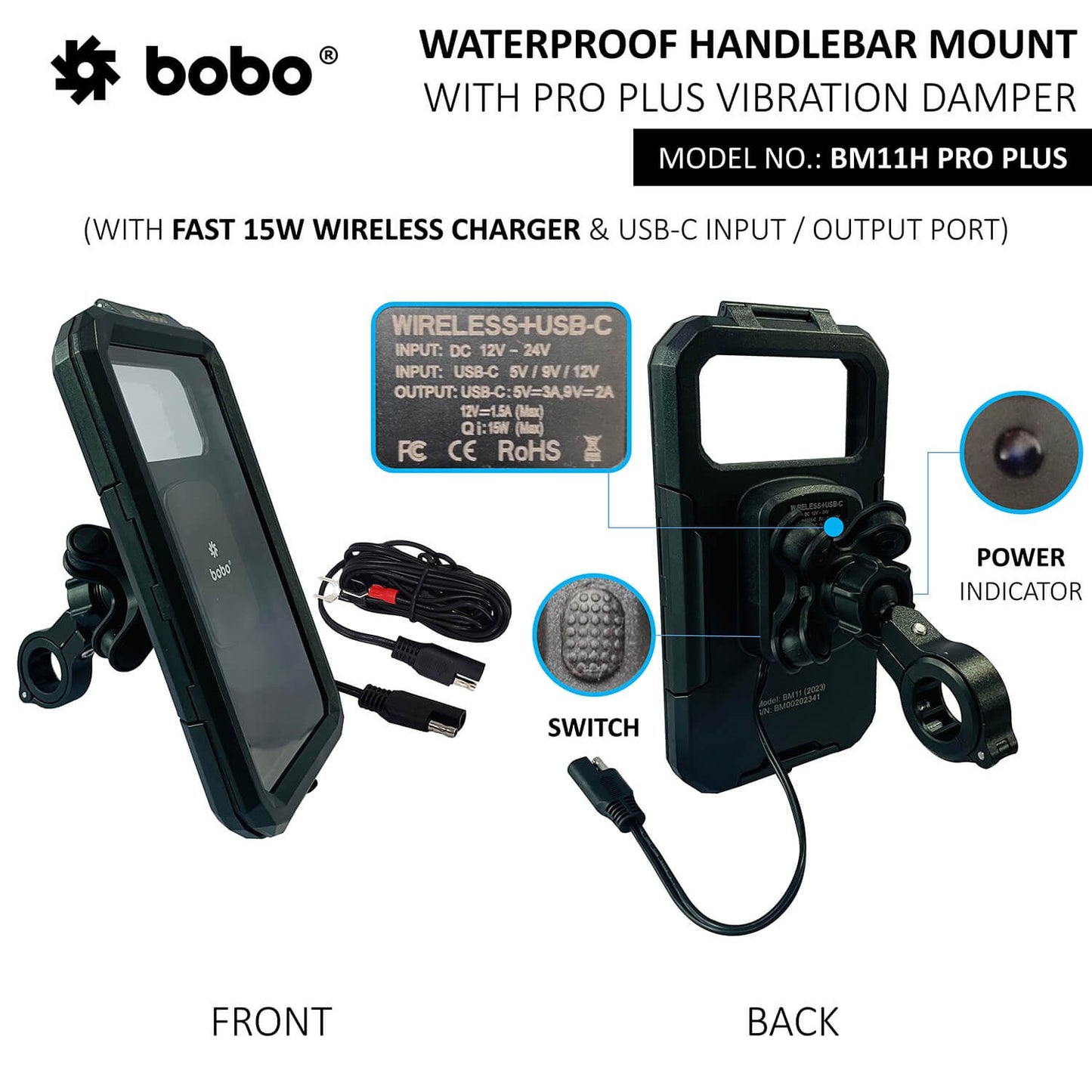 BOBO BM11H PRO PLUS Fully Waterproof Bike Phone Holder with PRO PLUS Vibration Damper (with Fast 15W Wireless Charger USB-C Input/Output Port) Motorcycle Mobile Mount-BB-BM-011-122001