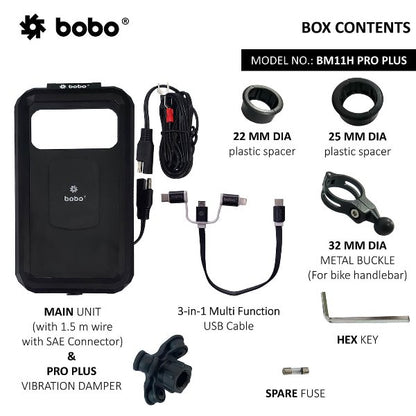 BOBO BM11M PRO PLUS Mirror Fully Waterproof Bike Phone Holder with PRO PLUS Vibration Damper (with Fast 15W Wireless Charger & USB-C Input/Output Port) Motorcycle Mobile Mount - BB-BM-011-122001