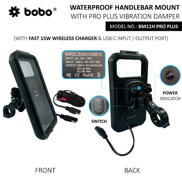 BOBO BM11M PRO PLUS Mirror Fully Waterproof Bike Phone Holder with PRO PLUS Vibration Damper (with Fast 15W Wireless Charger & USB-C InputOutput Port) Motorcycle Mobile Mount - BB-BM-011-122001