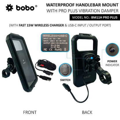 BOBO BM11M PRO PLUS Mirror Fully Waterproof Bike Phone Holder with PRO PLUS Vibration Damper (with Fast 15W Wireless Charger & USB-C InputOutput Port) Motorcycle Mobile Mount - BB-BM-011-122001