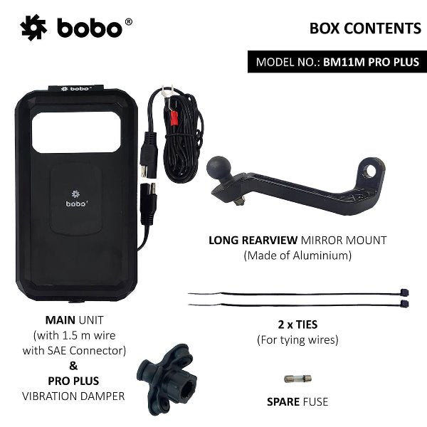 BOBO BM11M PRO PLUS Mirror Fully Waterproof Bike Phone Holder with PRO PLUS Vibration Damper (with Fast 15W Wireless Charger & USB-C Input/Output Port) Motorcycle Mobile Mount - BB-BM-011-122001