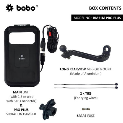 BOBO BM11M PRO PLUS Mirror Fully Waterproof Bike Phone Holder with PRO PLUS Vibration Damper (with Fast 15W Wireless Charger & USB-C Input/Output Port) Motorcycle Mobile Mount - BB-BM-011-122001