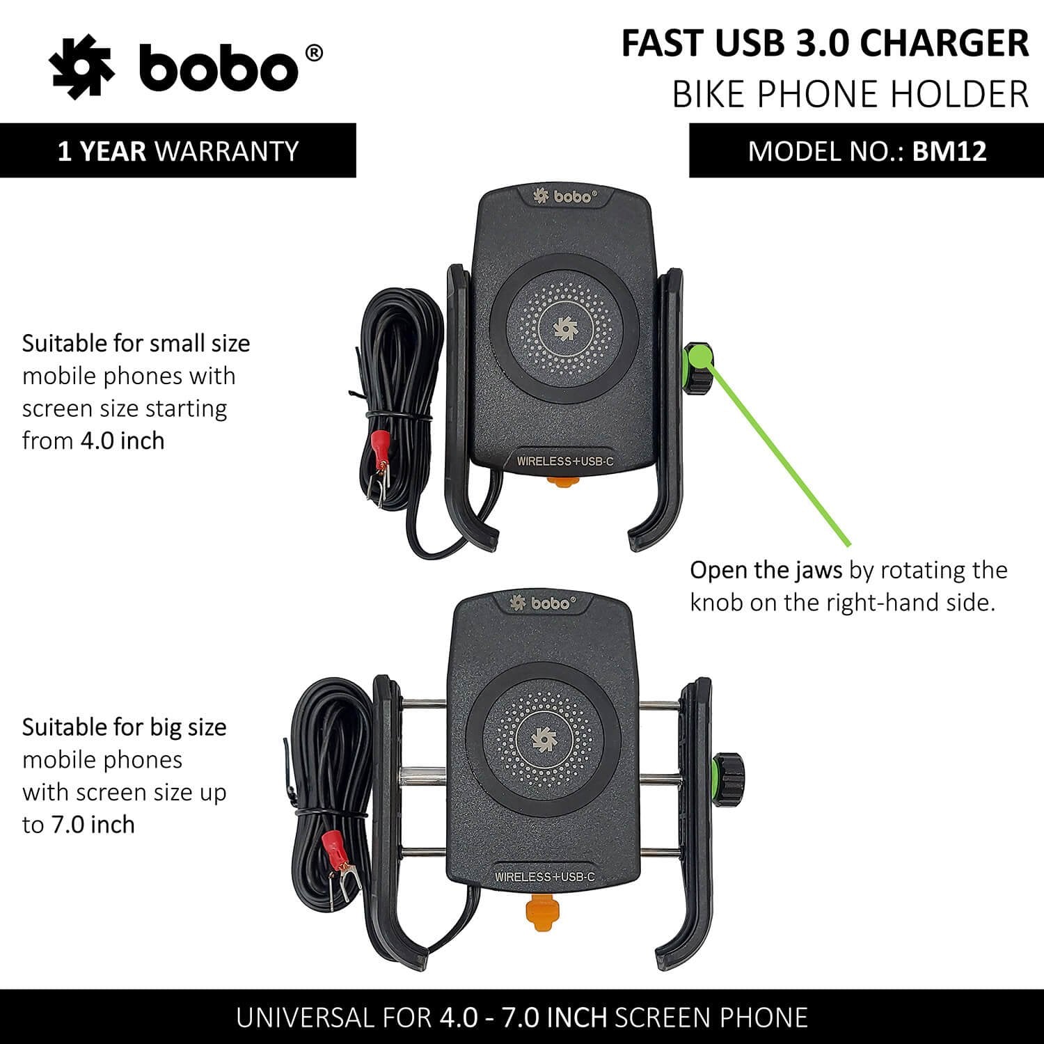 BOBO BM12 Bike Phone Holder (with Fast 15W Wireless Charger & USB-C InputOutput Port) Motorcycle Mobile Mount-BB-BM-012-001001