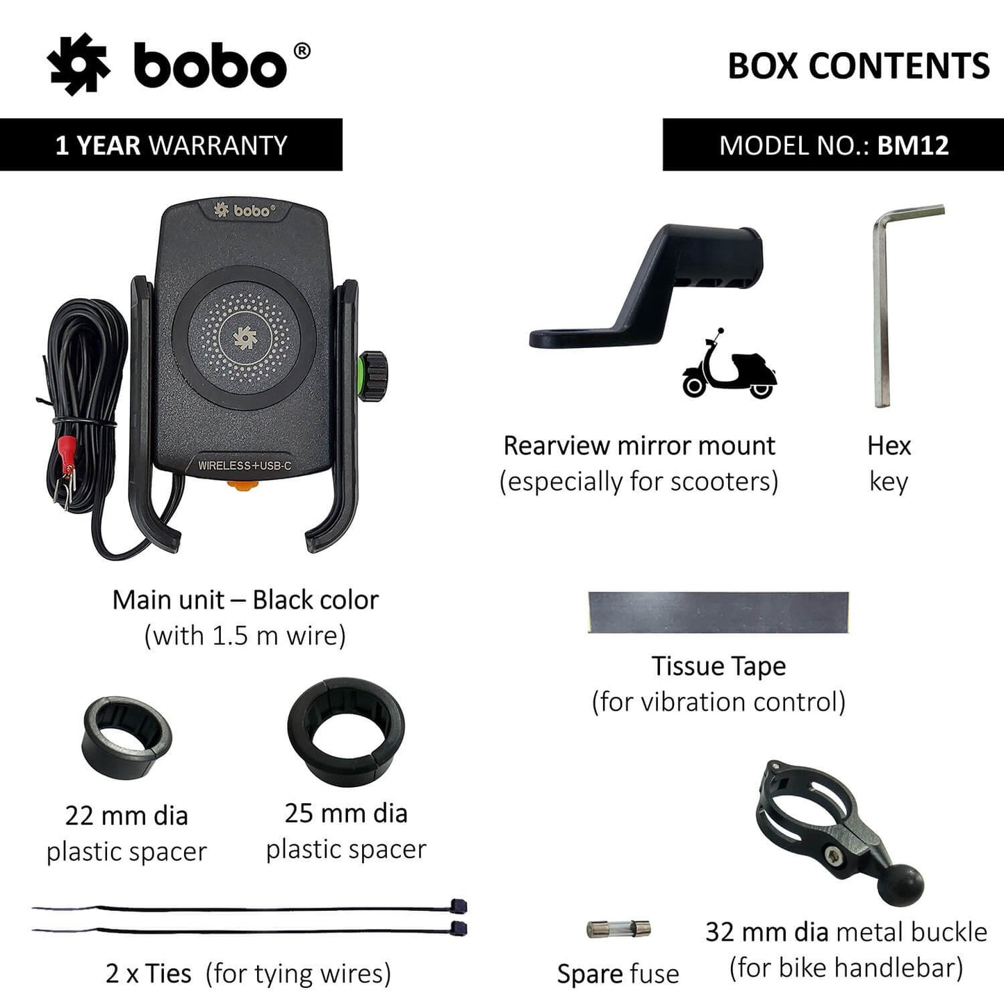 BOBO BM12 Bike Phone Holder (with Fast 15W Wireless Charger &amp; USB-C Input/Output Port) Motorcycle Mobile Mount-BB-BM-012-001001