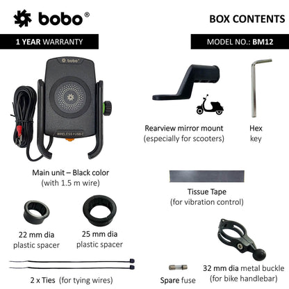 BOBO BM12 Bike Phone Holder (with Fast 15W Wireless Charger &amp; USB-C Input/Output Port) Motorcycle Mobile Mount-BB-BM-012-001001