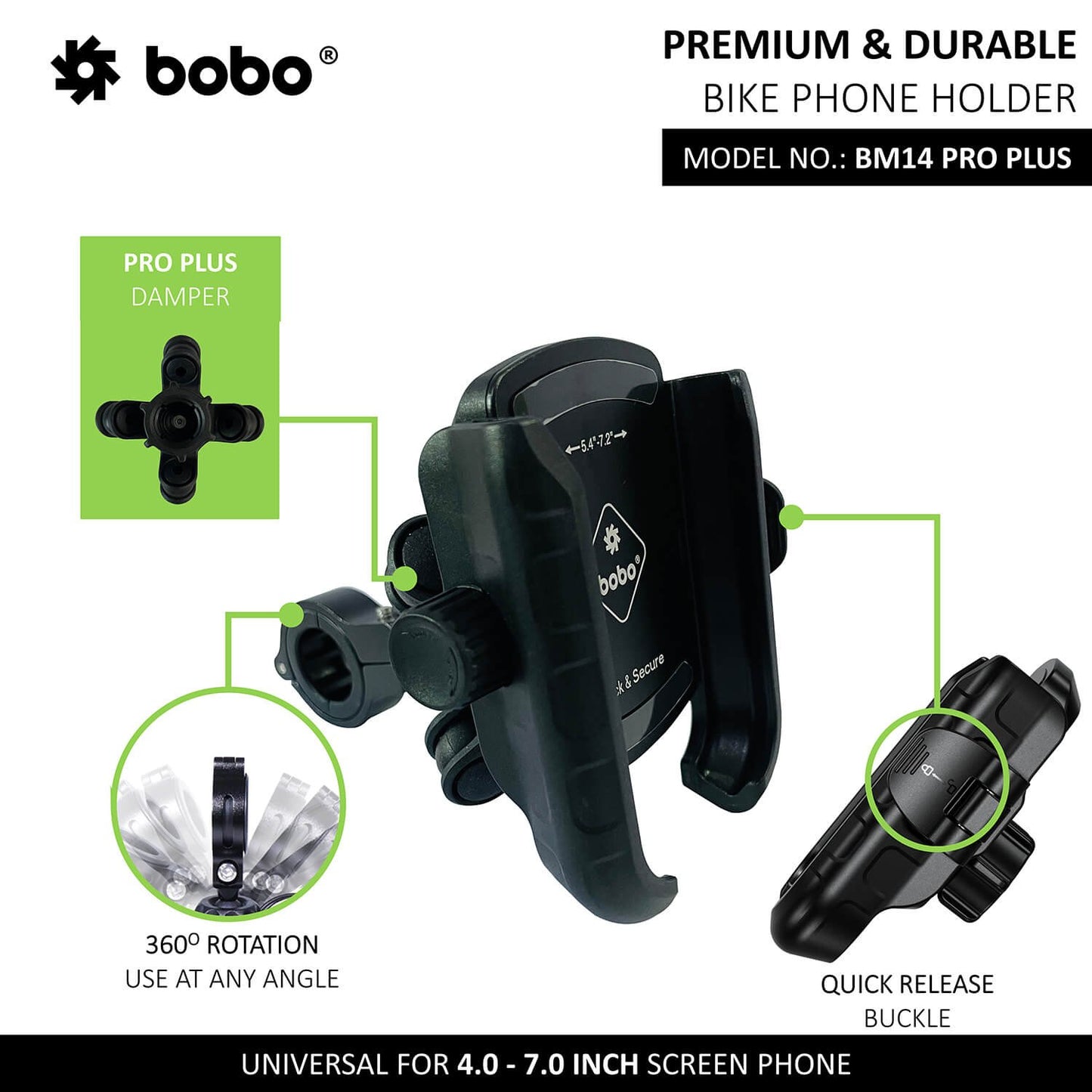 BOBO BM14 PRO PLUS Quick Release with PRO PLUS Vibration Damper Enhanced BM4 PRO PLUS Bike / Cycle Phone Holder Motorcycle Mobile Mount-BB-BM-014-021001
