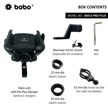 BOBO BM14 PRO PLUS Quick Release with PRO PLUS Vibration Damper Enhanced BM4 PRO PLUS Bike / Cycle Phone Holder Motorcycle Mobile Mount-BB-BM-014-021001