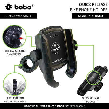 BOBO BM14 Quick Release Enhanced BM4 Bike Cycle Phone Holder Motorcycle Mobile Mount (Silver)-BB-BM-014-001004