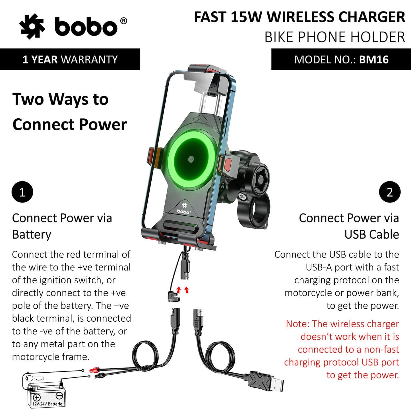 BOBO BM16 Anti-Vibration Metallic Bike Phone Holder (with Fast 15W Wireless Charger) Motorcycle Mobile Mount-BB-BM-016-001001