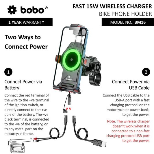 BOBO BM16 Anti-Vibration Metallic Bike Phone Holder (with Fast 15W Wireless Charger) Motorcycle Mobile Mount-BB-BM-016-001001