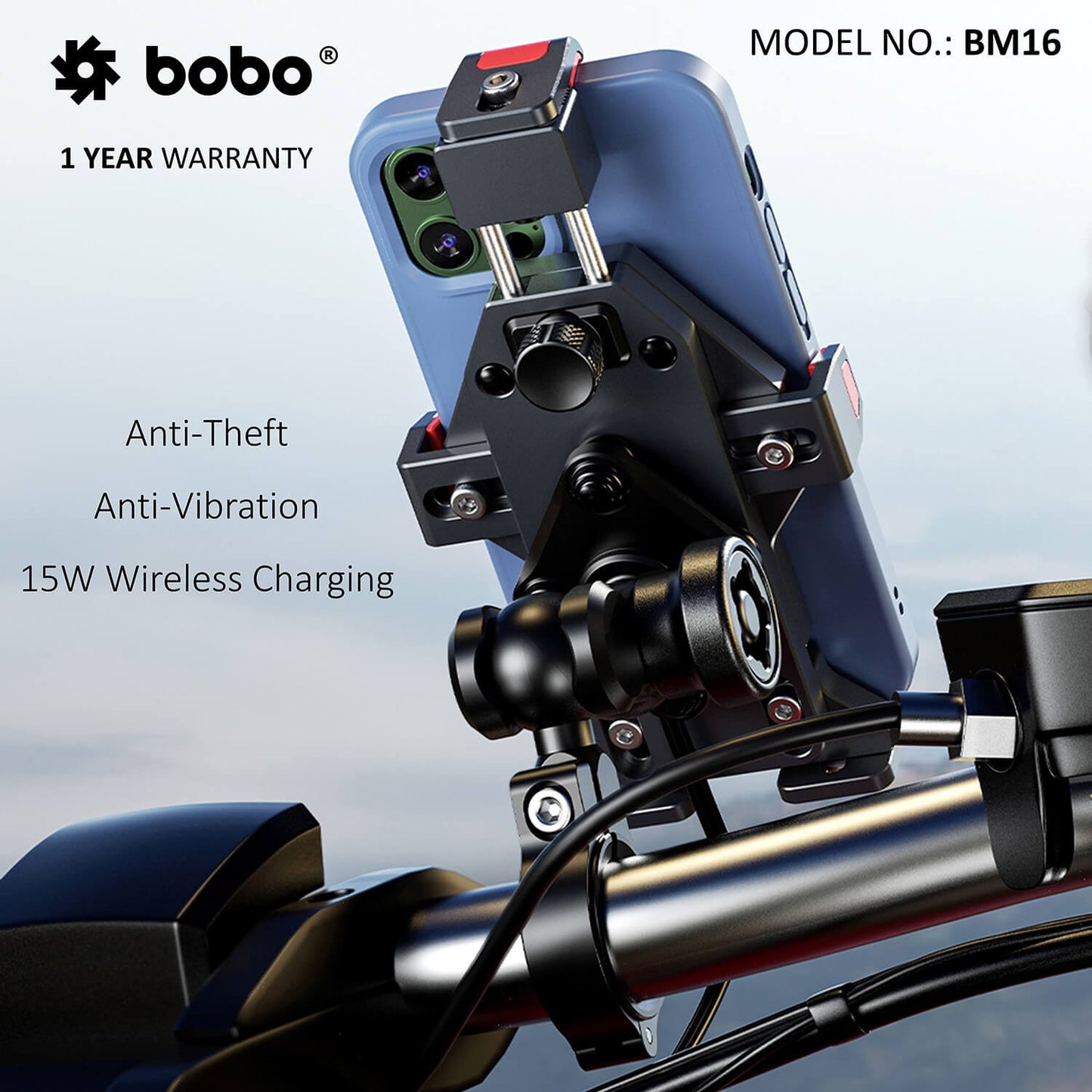 BOBO BM16 Anti-Vibration Metallic Bike Phone Holder (with Fast 15W Wireless Charger) Motorcycle Mobile Mount-BB-BM-016-001001
