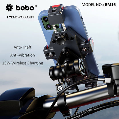 BOBO BM16 Anti-Vibration Metallic Bike Phone Holder (with Fast 15W Wireless Charger) Motorcycle Mobile Mount-BB-BM-016-001001