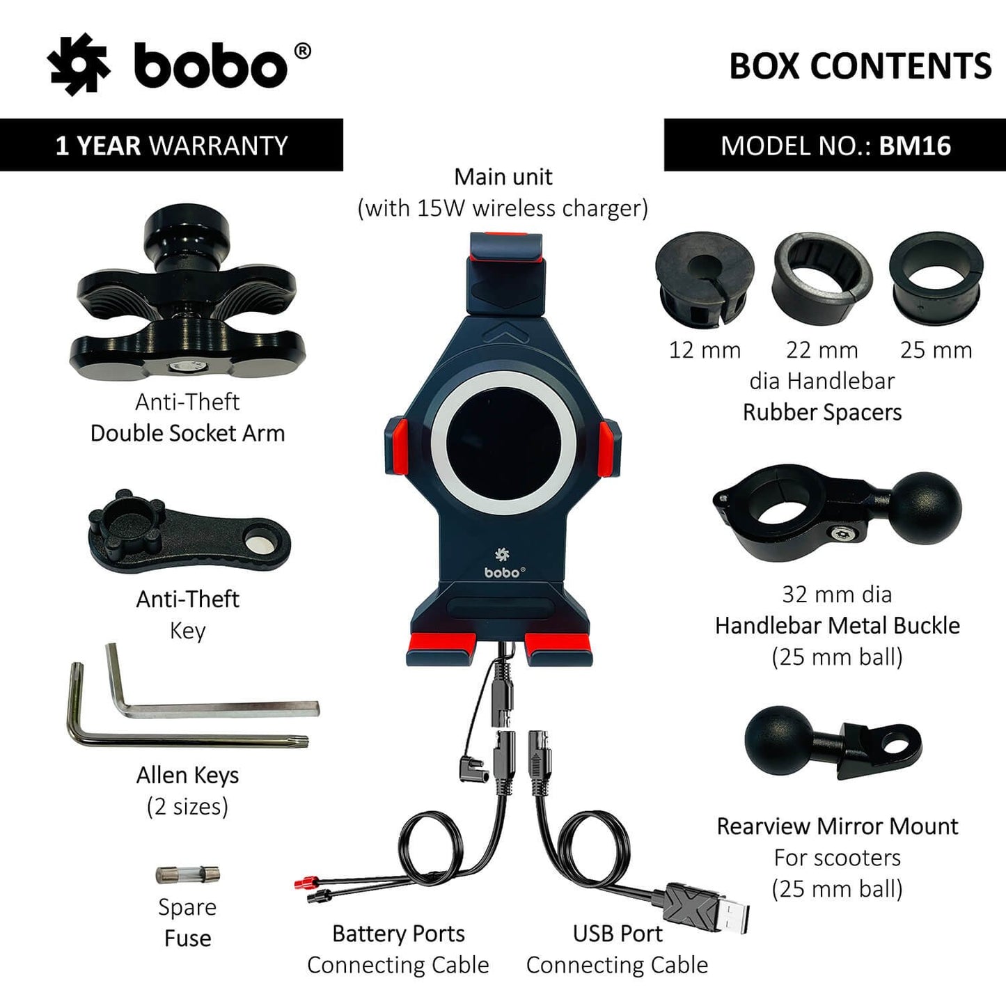 BOBO BM16 Anti-Vibration Metallic Bike Phone Holder (with Fast 15W Wireless Charger) Motorcycle Mobile Mount-BB-BM-016-001001