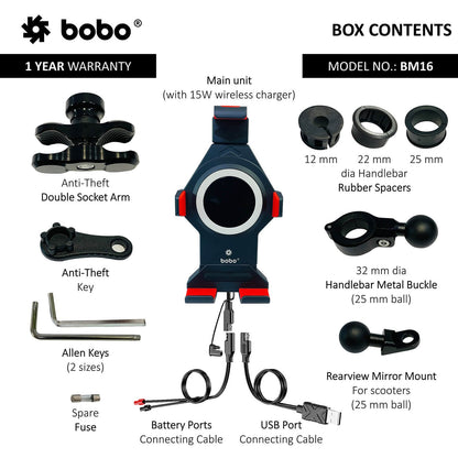 BOBO BM16 Anti-Vibration Metallic Bike Phone Holder (with Fast 15W Wireless Charger) Motorcycle Mobile Mount-BB-BM-016-001001
