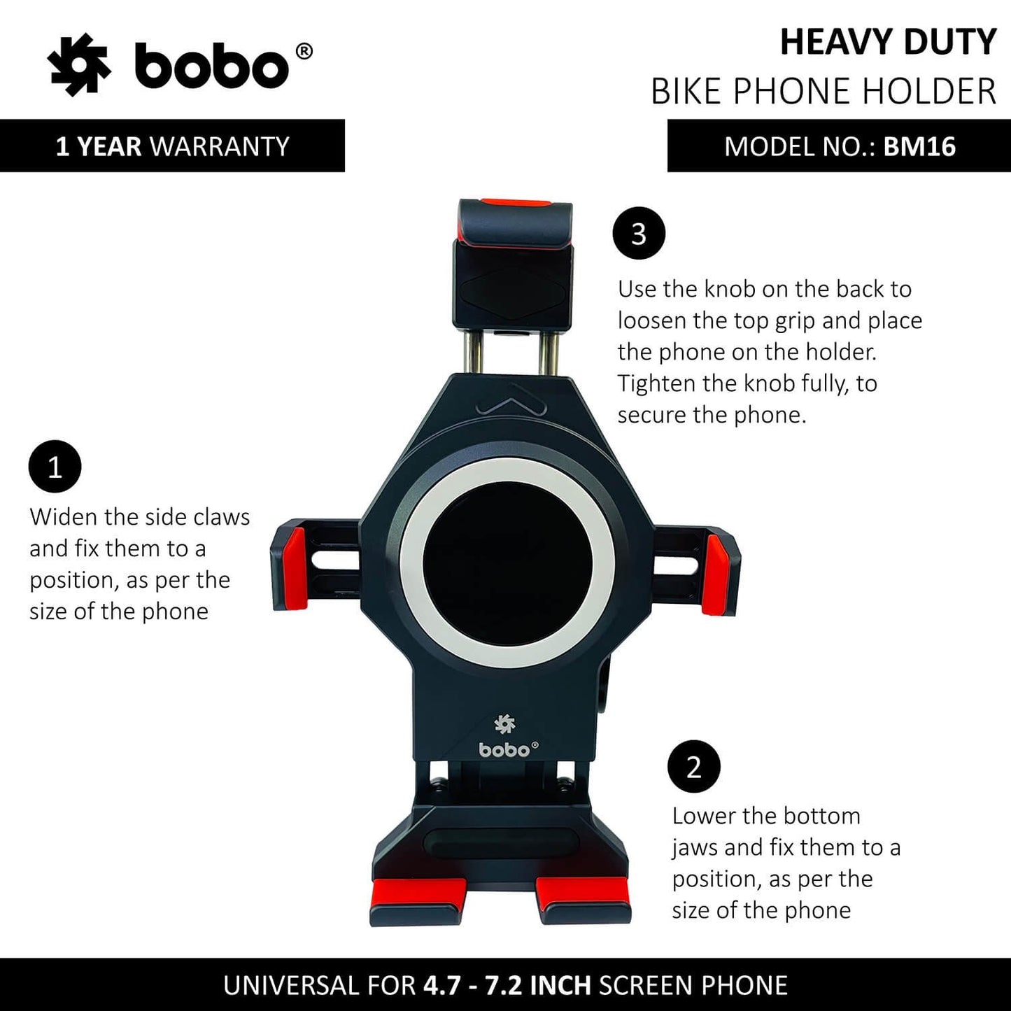 BOBO BM16 Anti-Vibration Metallic Bike Phone Holder (with Fast 15W Wireless Charger) Motorcycle Mobile Mount-BB-BM-016-001001