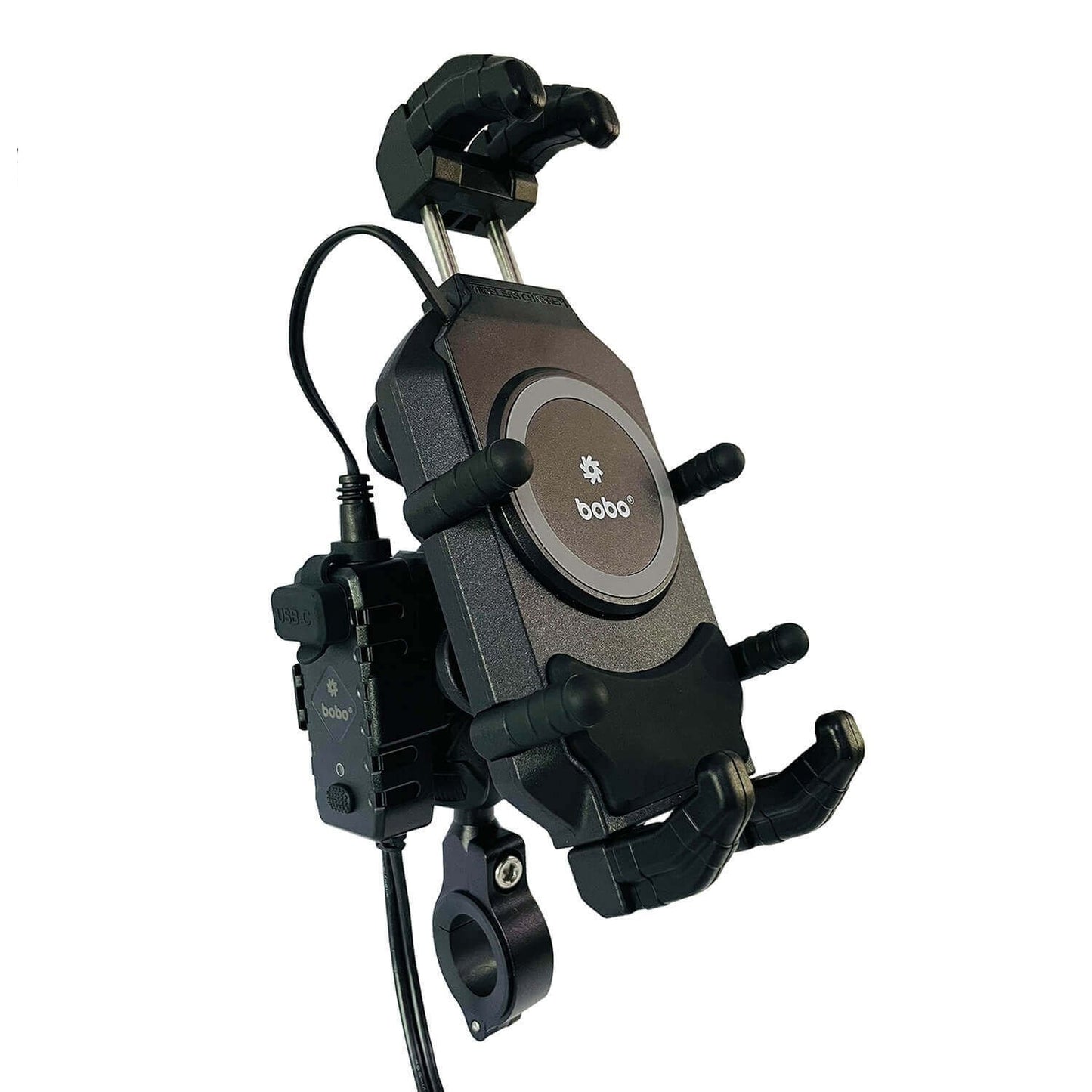 BOBO BM18H Handlebar (or Mirror) Anti-Vibration Bike Phone Holder (with Fast 15W Wireless Charger USB-C Charging Module) Motorcycle Mobile Mount-BB-BM-018-101001