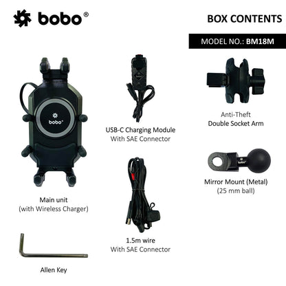 BOBO BM18M PRO Handlebar (or Mirror) Anti-Vibration Bike Phone Holder (with Fast 15W Wireless Charger USB-C Charging Module) Motorcycle Mobile Mount-BB-BM-018-102001