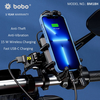 BOBO BM18M PRO Handlebar (or Mirror) Anti-Vibration Bike Phone Holder (with Fast 15W Wireless Charger USB-C Charging Module) Motorcycle Mobile Mount-BB-BM-018-102001