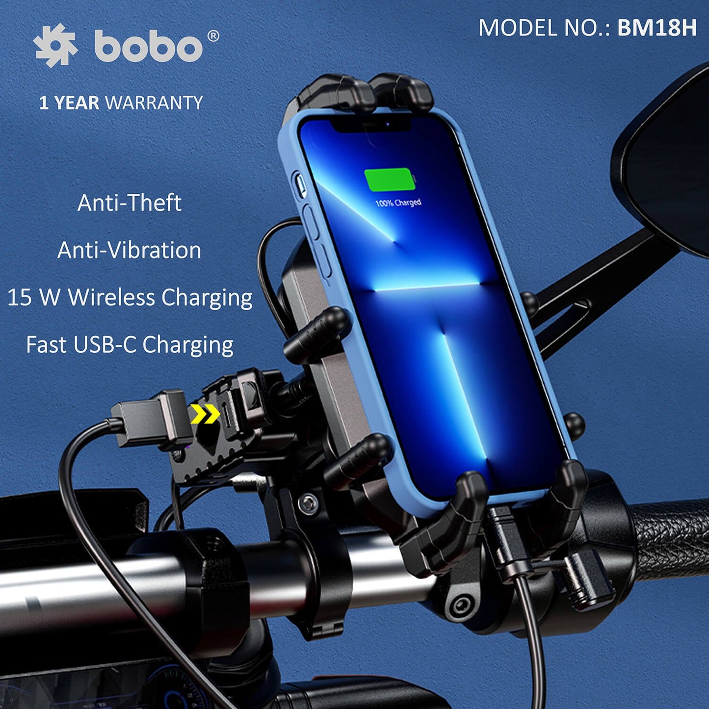 BOBO BM18H Handlebar (or Mirror) Anti-Vibration Bike Phone Holder (with Fast 15W Wireless Charger USB-C Charging Module) Motorcycle Mobile Mount-BB-BM-018-101001