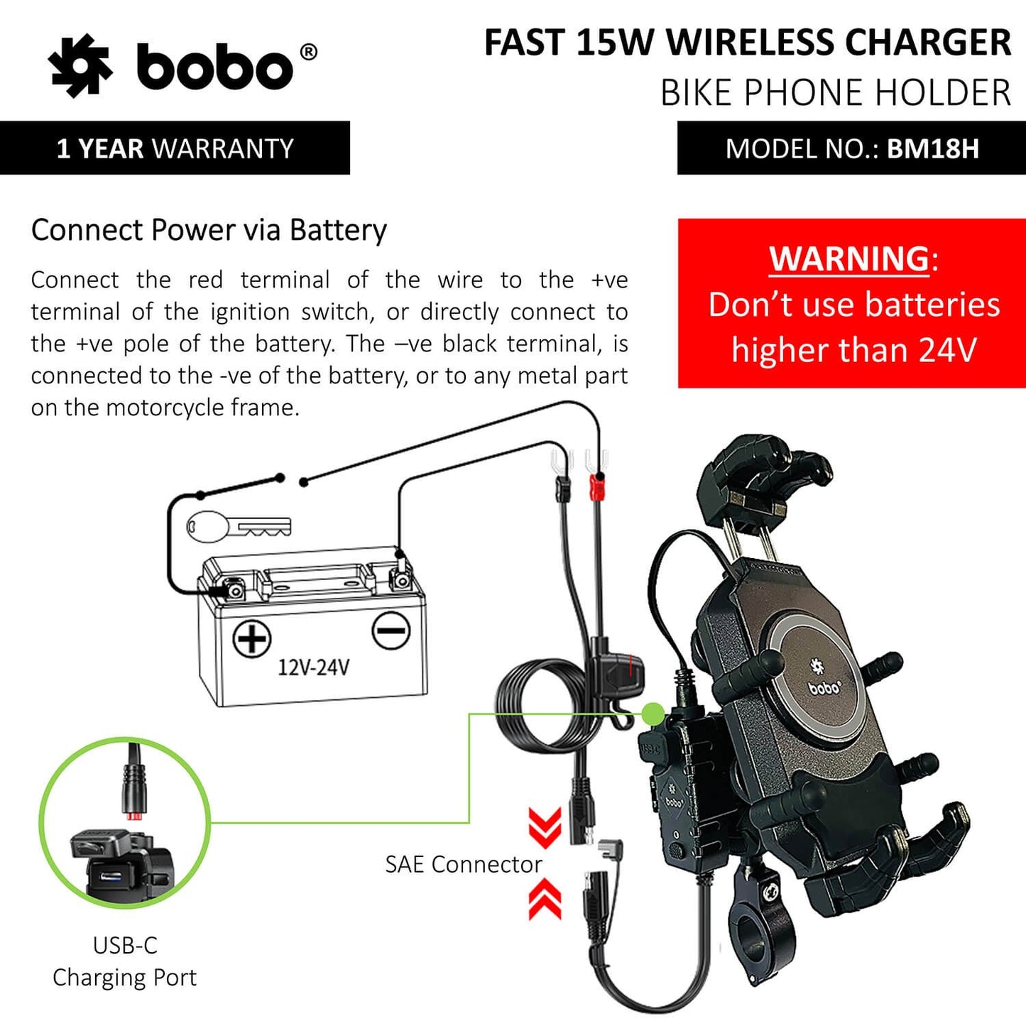 BOBO BM18M PRO Handlebar (or Mirror) Anti-Vibration Bike Phone Holder (with Fast 15W Wireless Charger USB-C Charging Module) Motorcycle Mobile Mount-BB-BM-018-102001