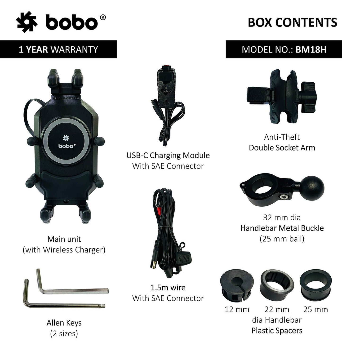 BOBO BM18M PRO Handlebar (or Mirror) Anti-Vibration Bike Phone Holder (with Fast 15W Wireless Charger USB-C Charging Module) Motorcycle Mobile Mount-BB-BM-018-102001