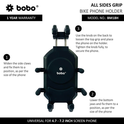 BOBO BM18H Handlebar (or Mirror) Anti-Vibration Bike Phone Holder (with Fast 15W Wireless Charger USB-C Charging Module) Motorcycle Mobile Mount-BB-BM-018-101001