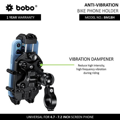 BOBO BM18H PRO Mirror Anti-Vibration Bike Phone Holder (with Fast 15W Wireless Charger & USB-C Charging Module) Motorcycle Mobile Mount - BB-BM-018-102001