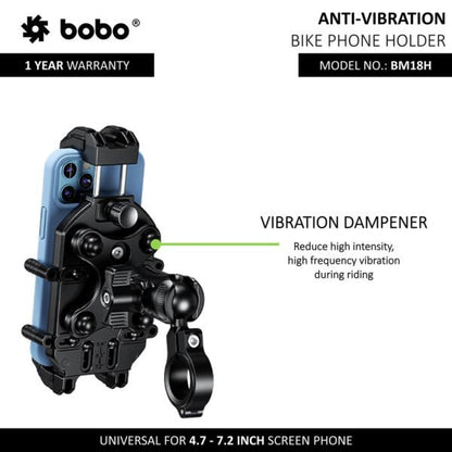 BOBO BM18H PRO Mirror Anti-Vibration Bike Phone Holder (with Fast 15W Wireless Charger & USB-C Charging Module) Motorcycle Mobile Mount - BB-BM-018-102001