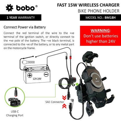 BOBO BM18H PRO Mirror Anti-Vibration Bike Phone Holder (with Fast 15W Wireless Charger & USB-C Charging Module) Motorcycle Mobile Mount - BB-BM-018-102001
