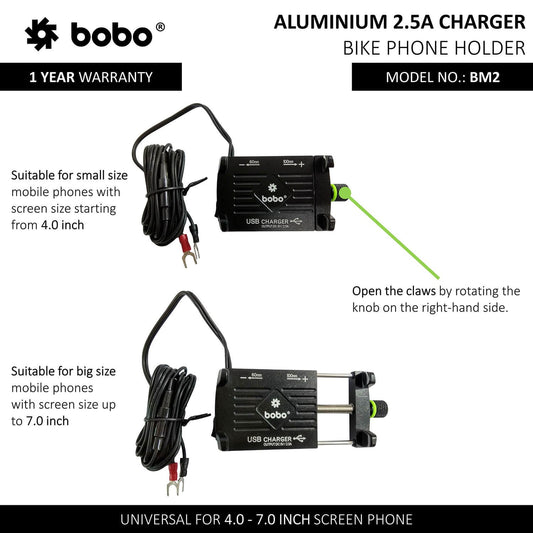BOBO BM2 Claw-Grip Aluminium Bike Phone Holder (With 2.5A USB charger) Motorcycle Mobile Mount (Red)- BB-BM-002-001002