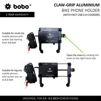 BOBO BM5 Claw-Grip Aluminium Bike Phone Holder (With Fast USB 3.0 Charger) Motorcycle Mobile Mount (Black)-BB-BM-005-001001