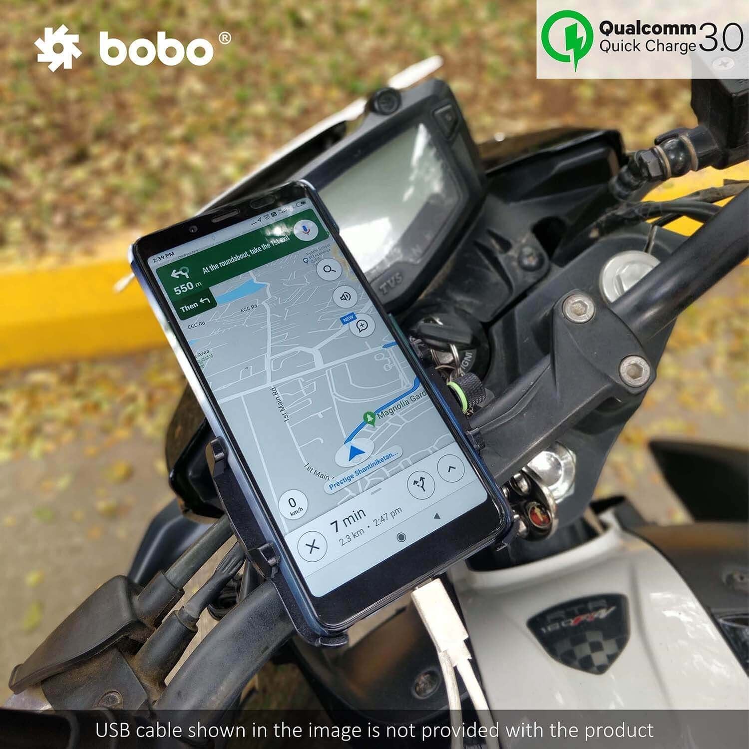 BOBO BM5 Claw-Grip Aluminium Bike Phone Holder (With Fast USB 3.0 Charger) Motorcycle Mobile Mount (Silver)-BB-BM-005-001004