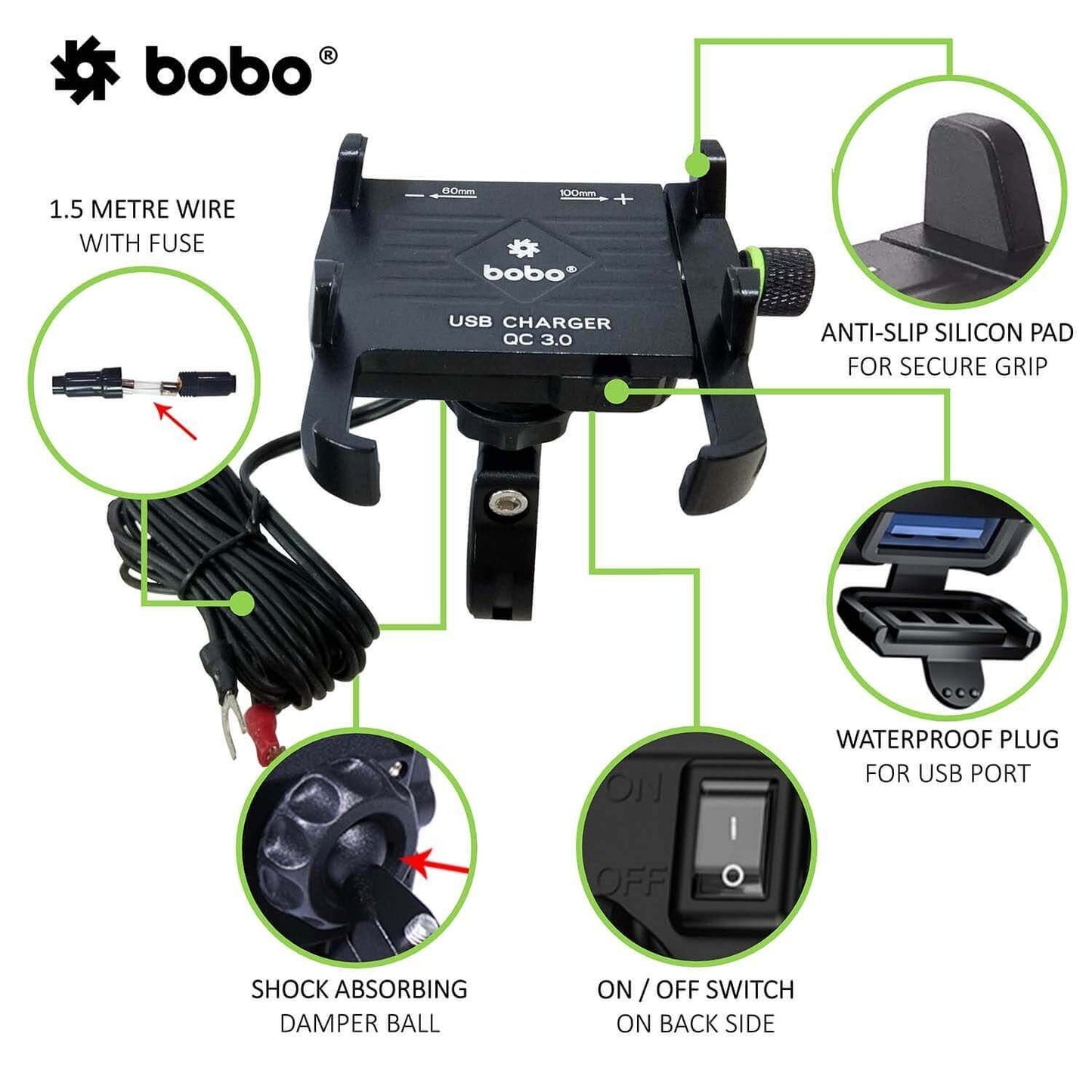 BOBO BM5 Claw-Grip Aluminium Bike Phone Holder (With Fast USB 3.0 Charger) Motorcycle Mobile Mount (Black)-BB-BM-005-001001