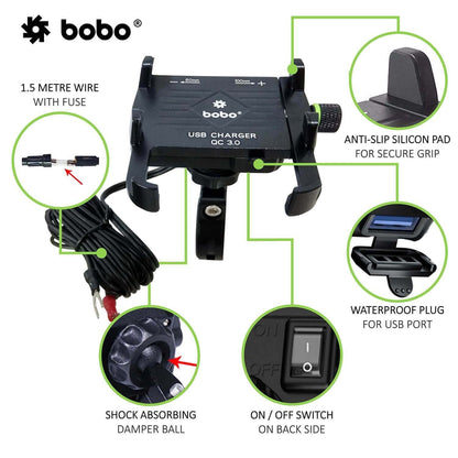 BOBO BM5 Claw-Grip Aluminium Bike Phone Holder (With Fast USB 3.0 Charger) Motorcycle Mobile Mount (Blue)-BB-BM-005-001003