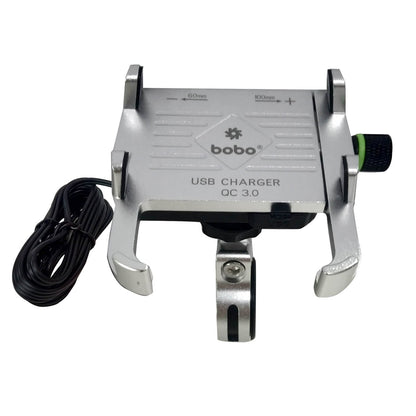 BOBO BM5 Claw-Grip Aluminium Bike Phone Holder (With Fast USB 3.0 Charger) Motorcycle Mobile Mount (Silver)-BB-BM-005-001004