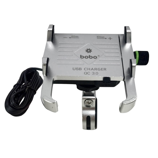 BOBO BM5 Claw-Grip Aluminium Bike Phone Holder (With Fast USB 3.0 Charger) Motorcycle Mobile Mount (Silver)-BB-BM-005-001004