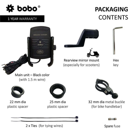 BOBO BM6 Jaw-Grip Bike Phone Holder (with Fast 15W Wireless Charger) Motorcycle Mobile Mount (Black)-BB-BM-006-001001