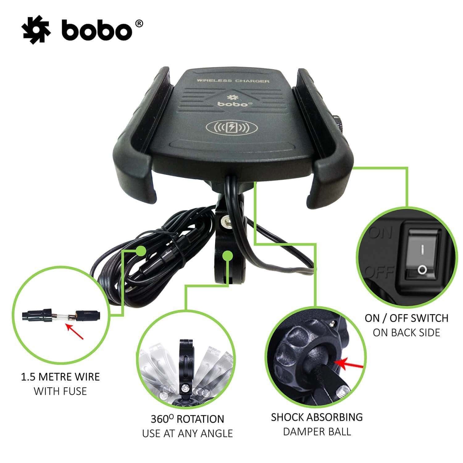 BOBO BM6 Jaw-Grip Bike Phone Holder (with Fast 15W Wireless Charger) Motorcycle Mobile Mount (Silver)- BB-BM-006-001004