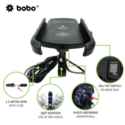 BOBO BM6 Jaw-Grip Bike Phone Holder (with Fast 15W Wireless Charger) Motorcycle Mobile Mount (Silver)- BB-BM-006-001004