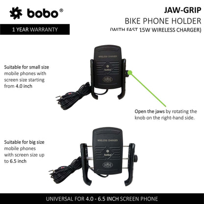 BOBO BM6 Jaw-Grip Bike Phone Holder (with Fast 15W Wireless Charger) Motorcycle Mobile Mount (Silver)- BB-BM-006-001004