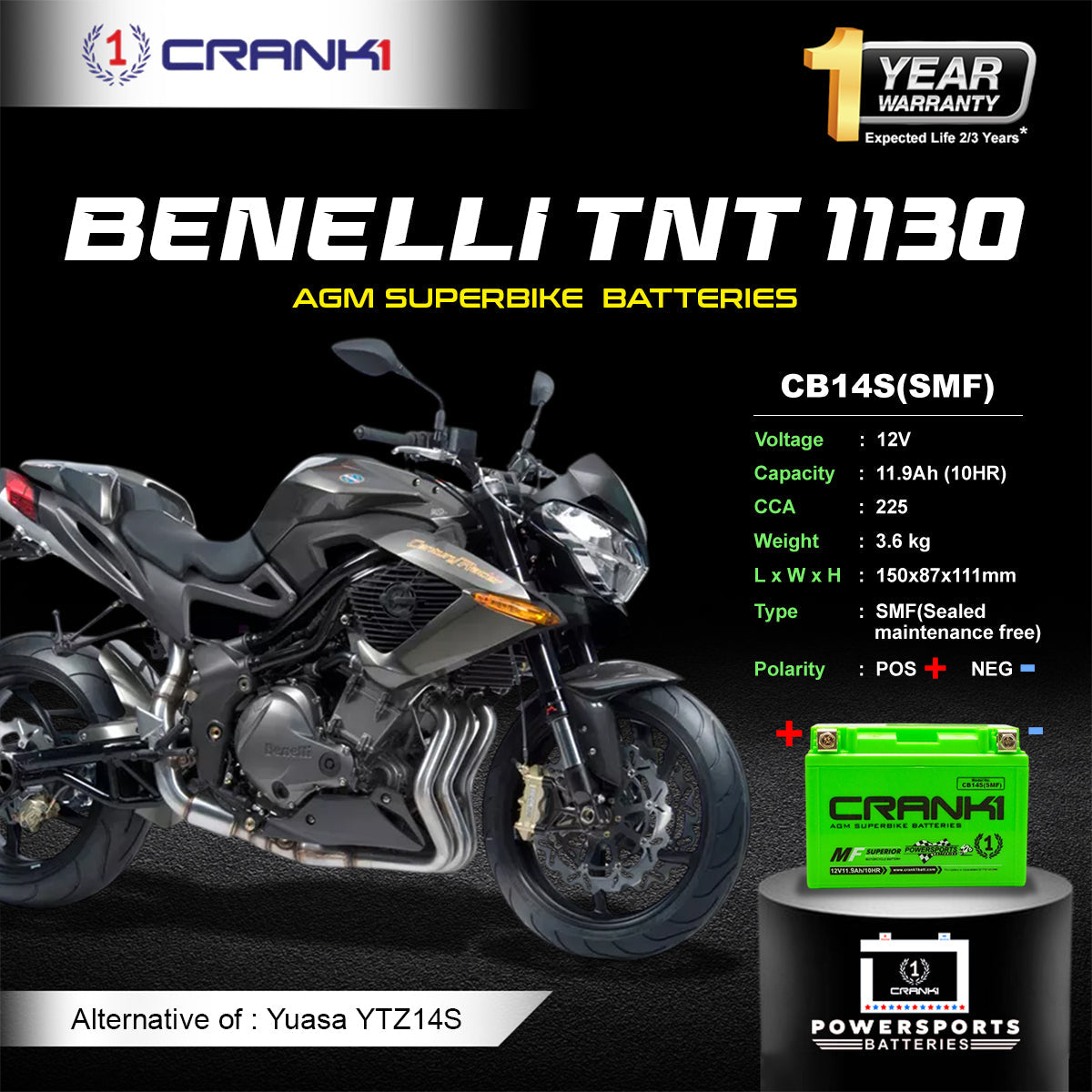 Battery For Benelli TNT 1130 (2015-2017) - CB14S - Factory Activated - CRANK1