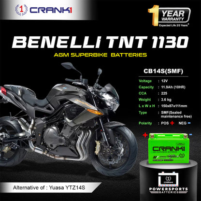 Battery For Benelli TNT 1130 (2015-2017) - CB14S - Factory Activated - CRANK1