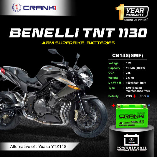 Battery For Benelli TNT 1130 (2015-2017) - CB14S - Factory Activated - CRANK1