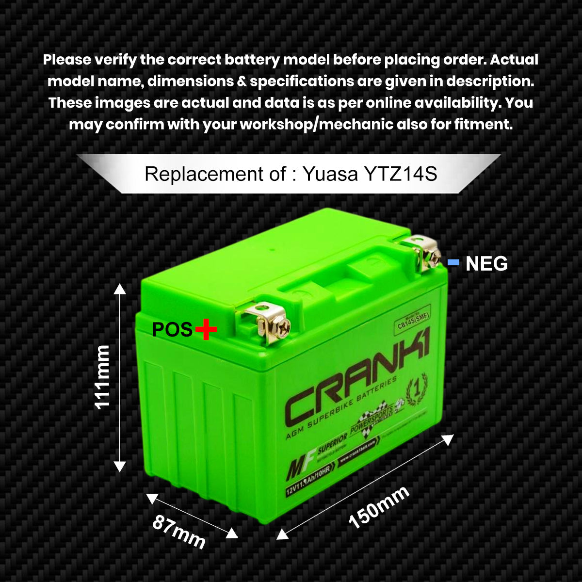Battery For Benelli TNT 1130 (2015-2017) - CB14S - Factory Activated - CRANK1