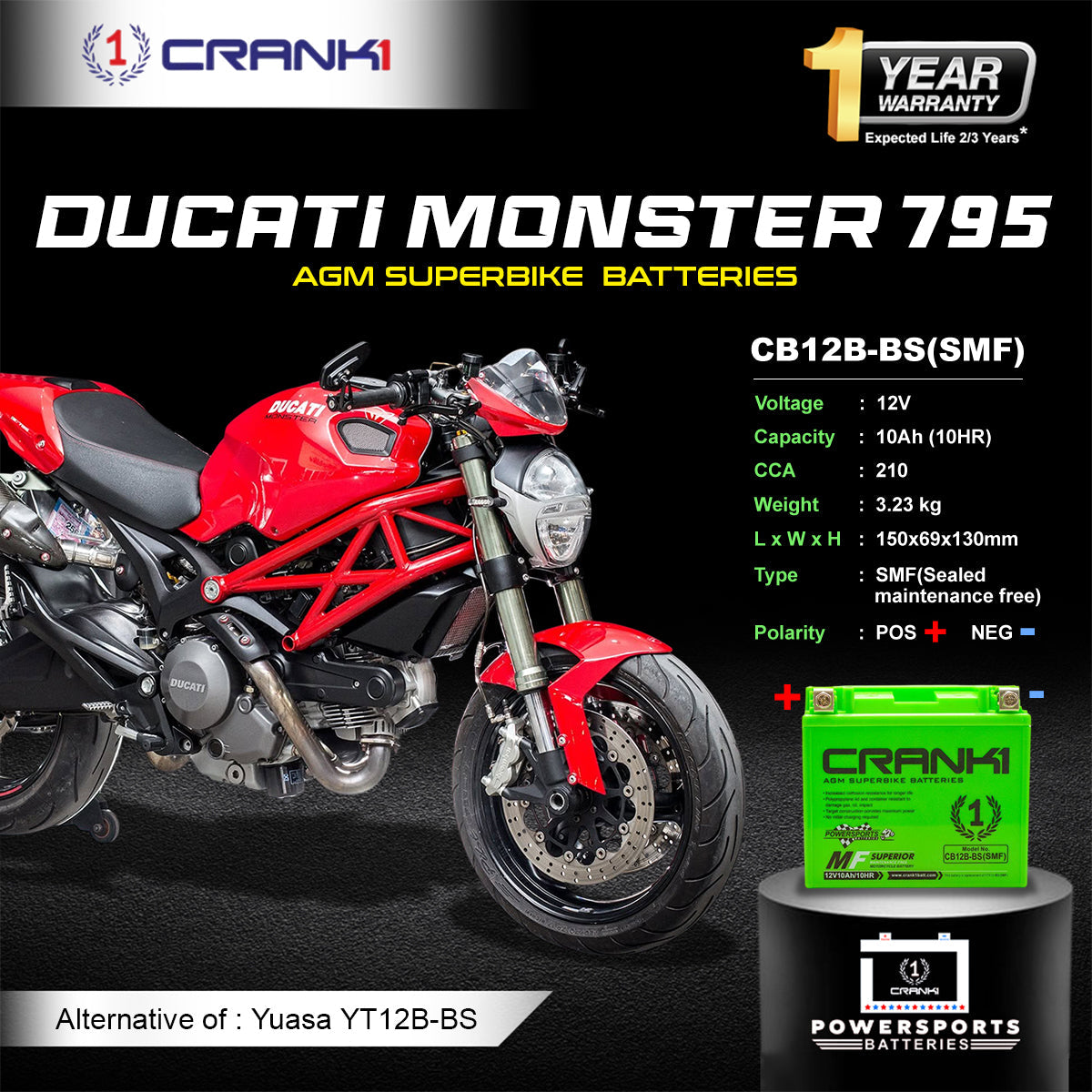 Battery For Ducati Monster 795 (2012-2025) - CB12B-BS - Factory Activated - CRANK1