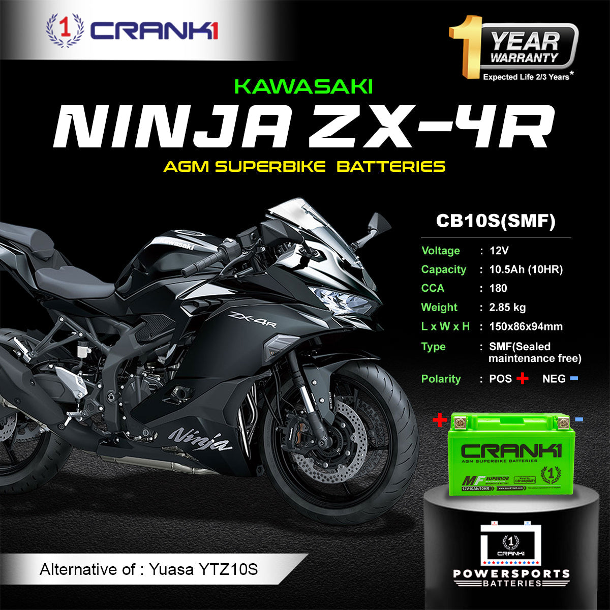 Battery For Kawasaki Ninja ZX-4R (2023 Onwards) - CB10S - Factory Activated - CRANK1
