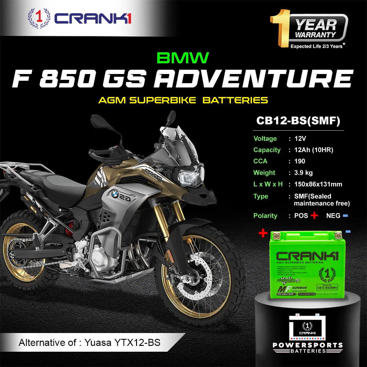 Battery For BMW F 850 GS Adventure (2019-2025) - CB12-BS - Factory Activated - CRANK1