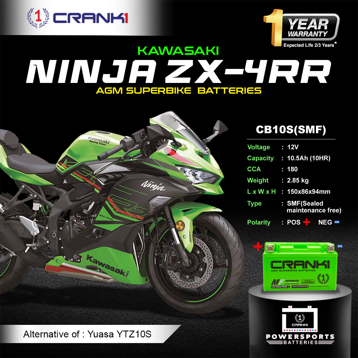 Battery For Kawasaki Ninja ZX-4RR (2024 Onwards) - CB10S - Factory Activated  - CRANK1